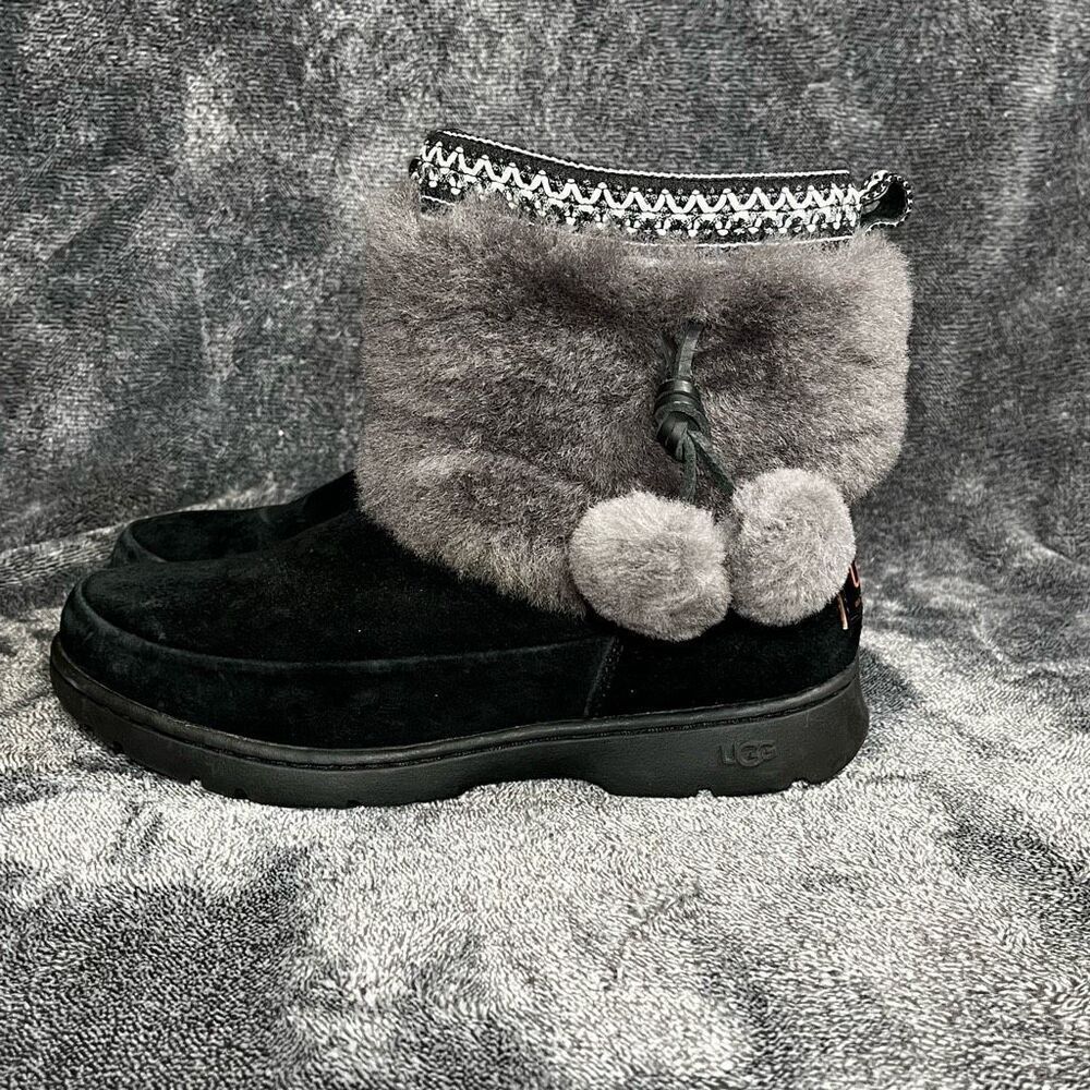 Ugg Brie Sheepskin Cuff Pom-Pom Waterproof Suede Black Women's Boots